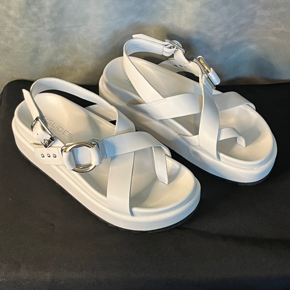 J/Slides NYC Solara White Leather Platform Sandals Criss Cross Buckle Adjustable